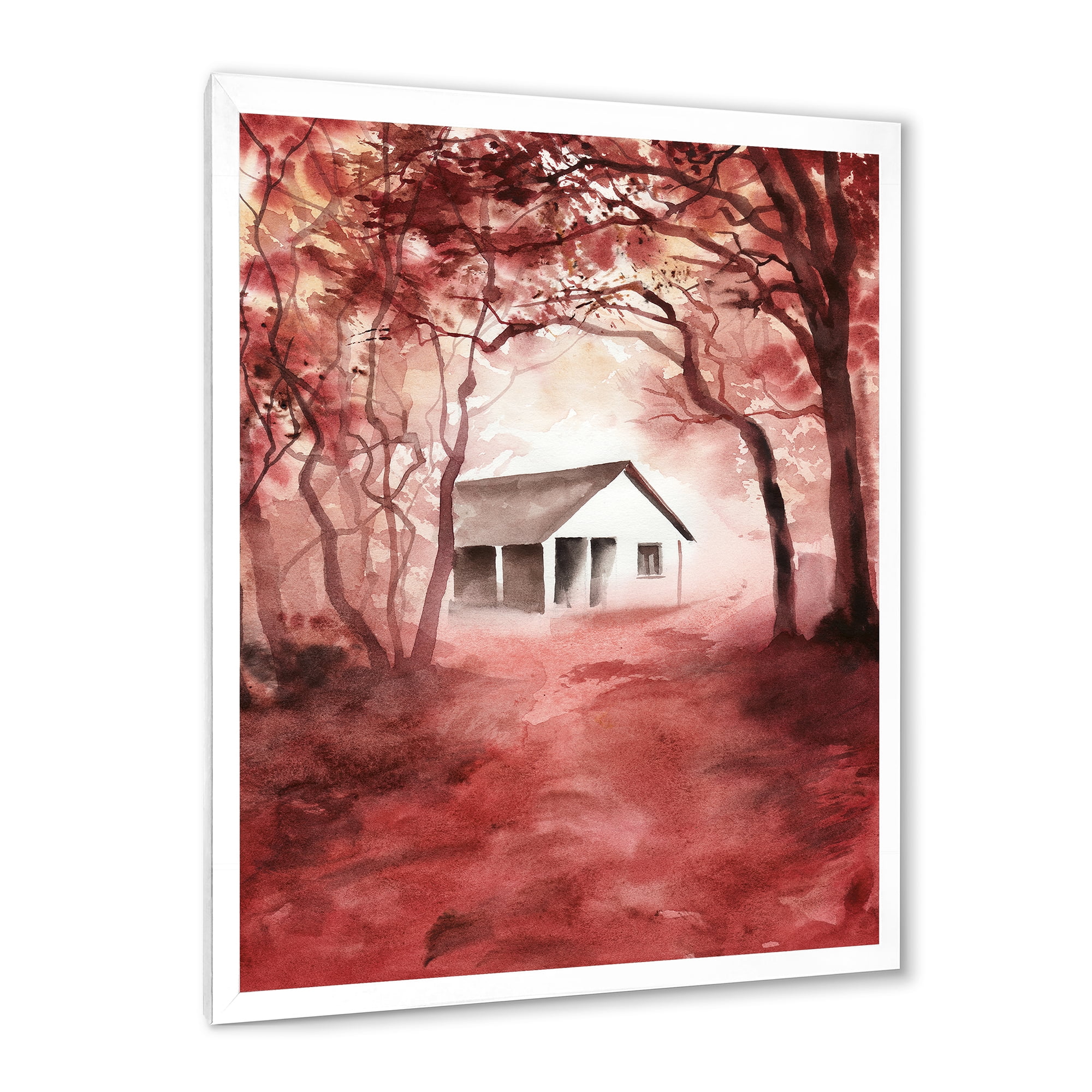 Designart 'Red Autumn Woods and A House in Wild' Cabin & Lodge Framed Art Print