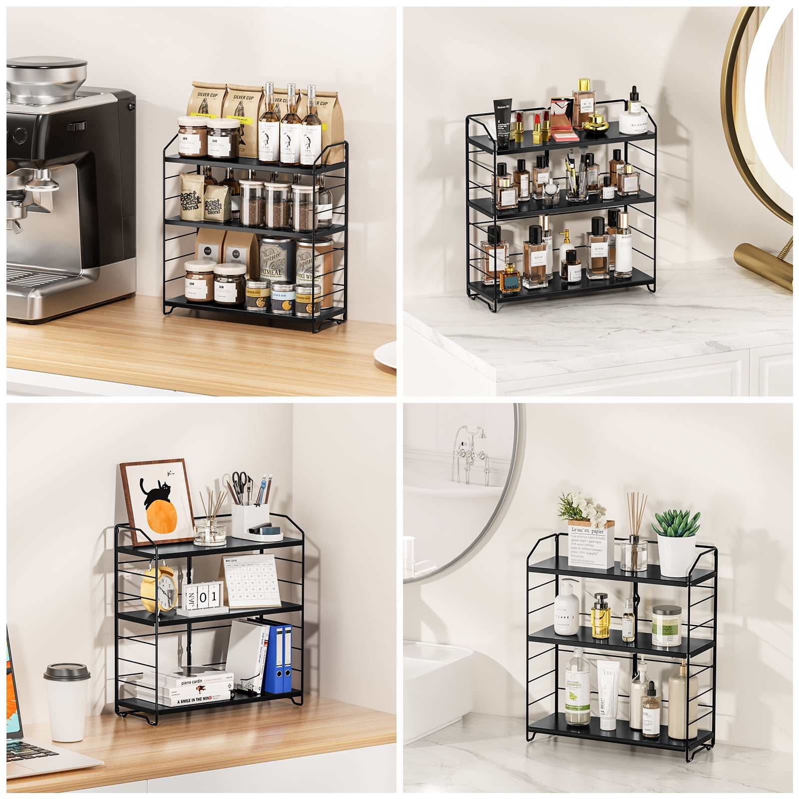 BOIVSHI Bathroom Countertop Organizer 3 Tier Adjustable Spice Rack Counter Organization and Storage for Kitchen Bedroom Offices,Black