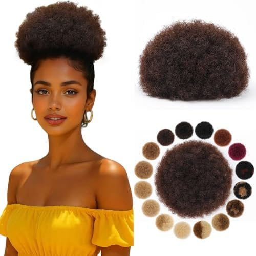 Afro Puff Drawstring Ponytail for Black Women Brazilian Virgin Human Hair #02 Dark Brown Kinky Curly Durable Soft and Smooth Clip In Hair Extensions for Black Women