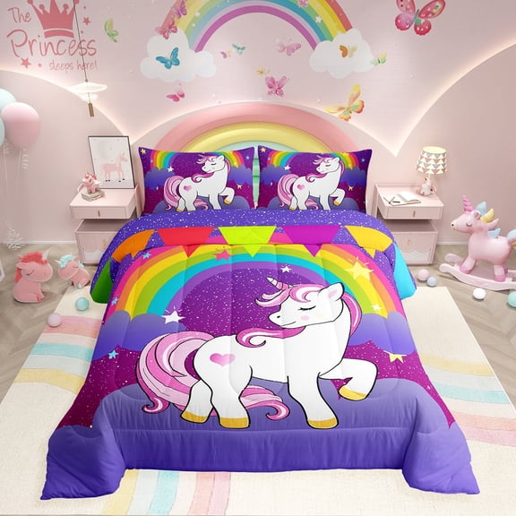 Unicorn Comforter Set Twin Bedding Set Cute Rainbow Unicorn Print Down Comforter Cartoon Kawaii Duvet Set Galaxy Stars Fantasy Room Decor, Reversible