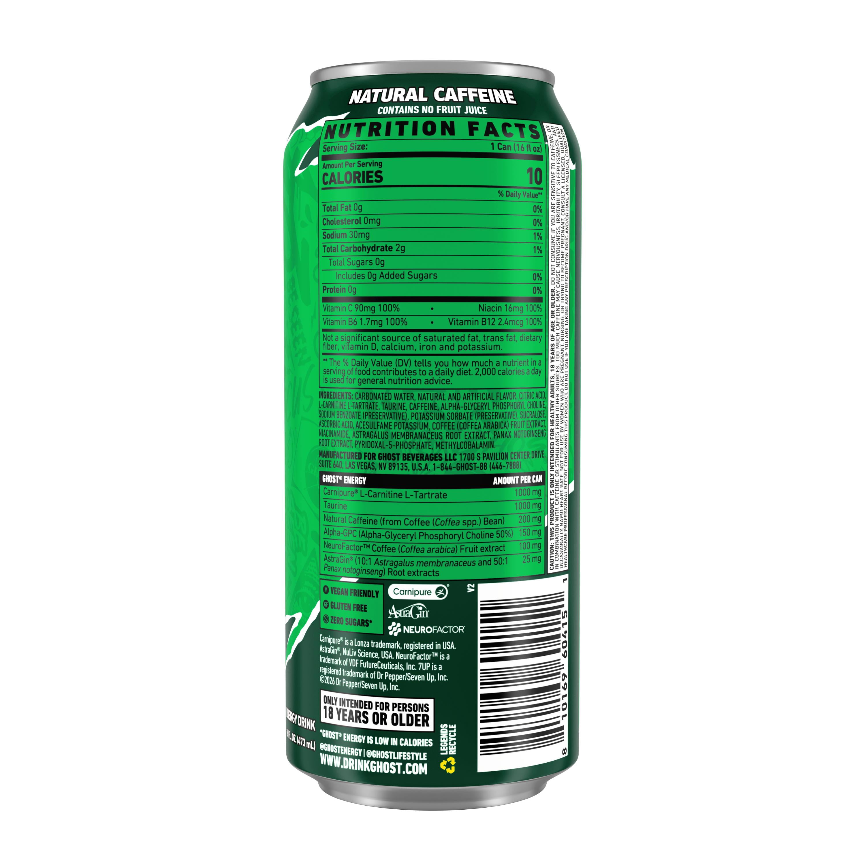 GHOST® ENERGY Zero Sugars Energy Drink, 7UP Lemon Lime, 200mg Natural Caffeine, 16 fl oz Can