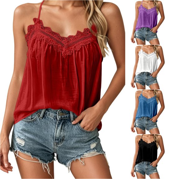 Yuhangmm Tank Tops for Women,Women's Strappy Tank Top Round Neck Sleeveless Layering Camisole For Versatile Basic Camisole Red S