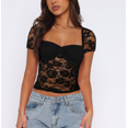 thumbnail image 2 of Aojekbee Women Lace Top, Short Sleeve Pleated See-through Slim Fit Summer Crop Top Clubwear, 2 of 4