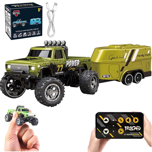 Mini Rc Monster Truck, Mini Monster Trucks, 1:64 Scale Monster Truck Remote Control Car with Lights, Mini Rc Truck with Trailer, Mini Drift Rc Car, 2.4ghz Remote Control (Green)
