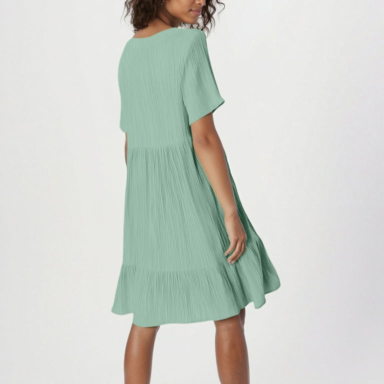 Tianiyouqing Women Smock Dresses Short Sleeve Ruffle Tiered Layered V Neck Petite A-Line Dresses Knee Length Cotton Linen Formal Pleated Dresses Mint