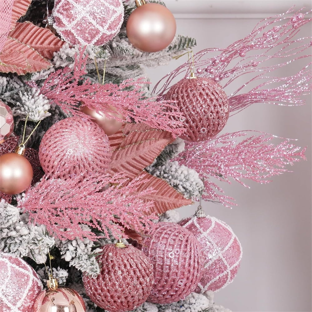 NOGIS Christmas Glitter Twigs 24pcs Artificial Pine Tree Picks for Christmas Tree Ornaments fillers, DIY Xmas Wreath, Crafts, Garland, Holiday, Party, Wedding and Home Decoration (Pink)