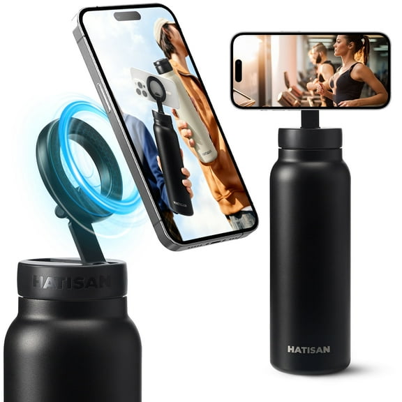 Hatisan 24 oz Insulated Water Bottle, Magnetic Stainless Steel Water Bottle, with Mobile Phone Holder Tripod, Hot for 12H, Cold for 24H(Black)
