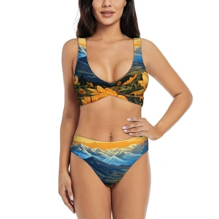 Zeuib Sunset Sky Sunflower High Waisted Tummy Control Bikini Set - Knot Front Push Up Top & Cheeky Thong Bottom  Two-Piece Swimsuit for Women-X-Large
