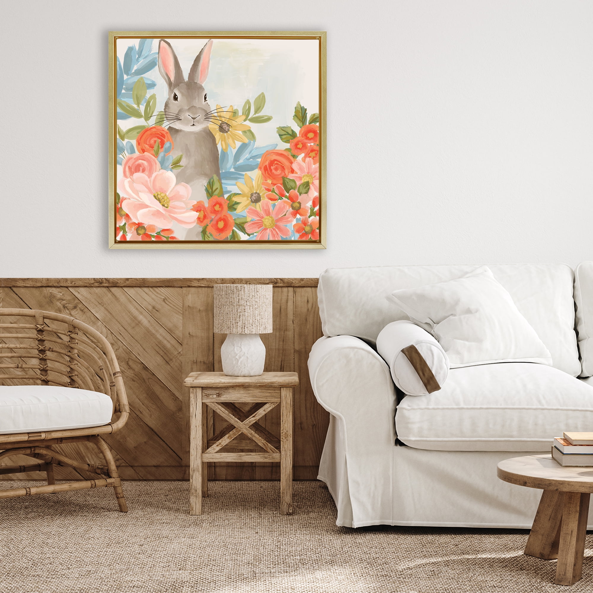 Stupell Industries Bunny Among The Blooms Gold Framed Floater Canvas Wall Art, design by Cat Thurman Designs