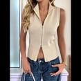 thumbnail image 4 of Chaleco de Suéter con Cremallera para Mujer, Sin Mangas, de Punto Acanalado, con Cuello en V y Rayas Albaricoque S, 4 of 10