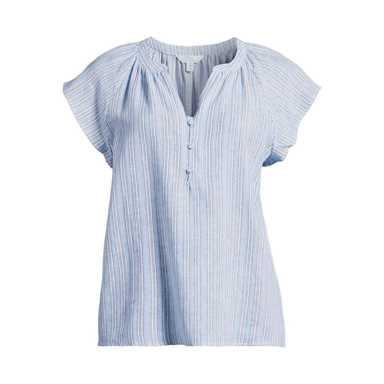 Time and Tru Women's Split Neck Top with Flutter Sleeves