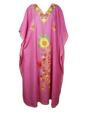 Mogul Women Pink Maxi Embellished Floral Caftan Lounger Cover Up Dress 3XL