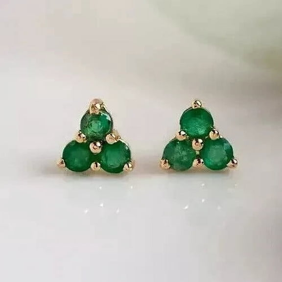 14K Yellow Gold Plated 2Ct Round Cut Natural Green Emerald Women's Solid stud Earrings 925 Silver