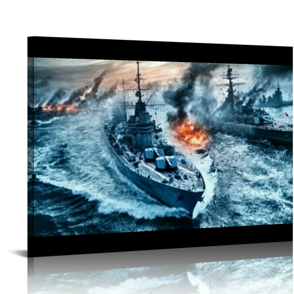 Autua Navy Ship Warship Sea Battle  Canvas Print Painting Picture Wall Art Home Hallway Bedroom Living Room Decor  20x16in