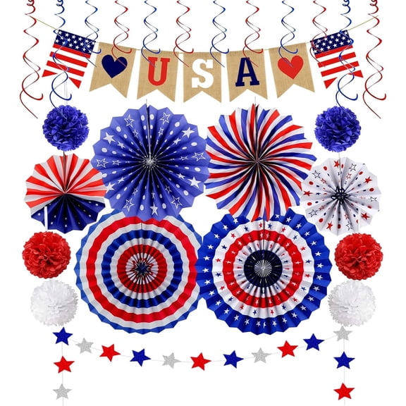 26 Pcs Red White Blue Patriotic Decorations, 4th of July Decor Set with Banner, Paper Fans, Pom Poms & Hanging Swirls for Memorial Veterans Labor Day