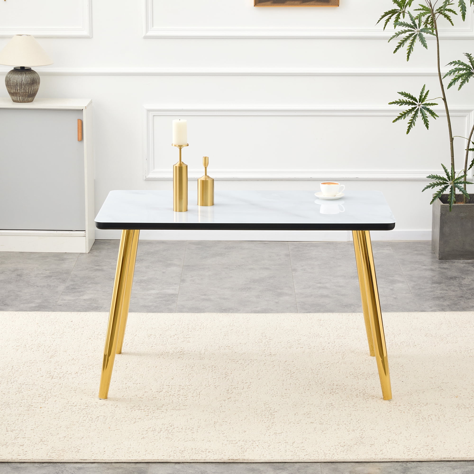 Mintazer 47.3 Inch Modern White Marble Vein Rectangular Dining Table with Tempered Glass Top & Black Table Edge, Minimalist Kitchen Table for 4-6 People, White & Gold