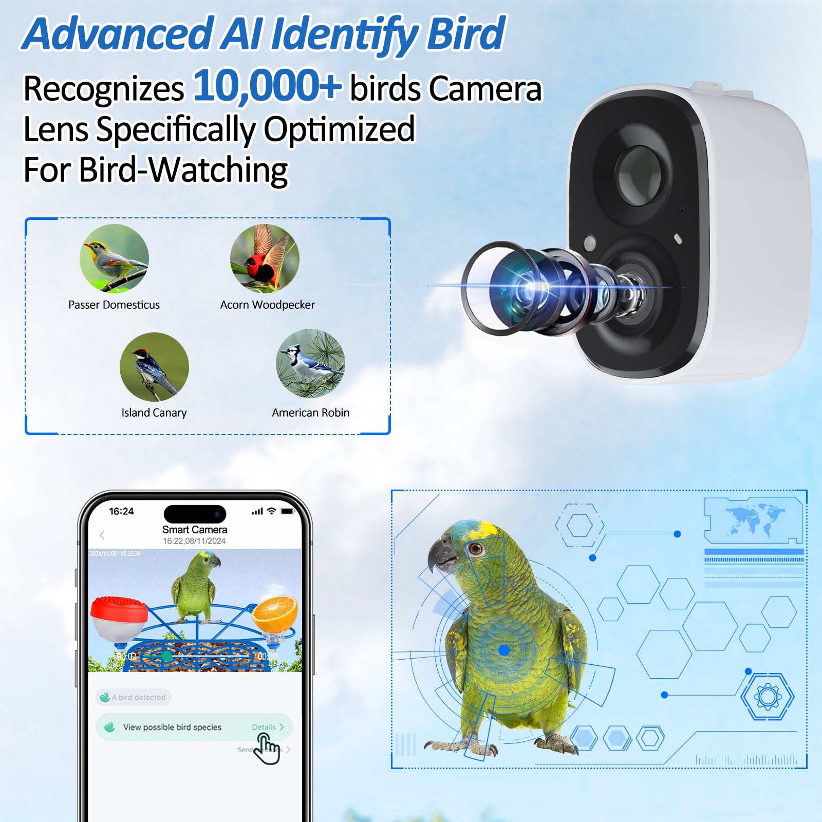 Bird Feeder with Camera, 2K Bird Camera with 3-in-1 Feeding, Drinking, and Bathing | AI Bird Identify, Real-Time Monitoring and Alerts | IP65 and Squirrel-Proof for Outdoors, Gift for Bird Lovers