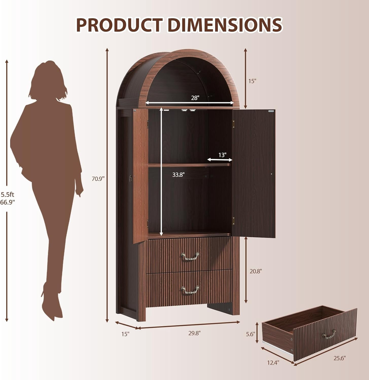 SELOOYE Pantry Cabinet Modern 71 Inch Tall Fluted Arched Adjustable Shelves 2 Drawers Freestanding Dark Walnut