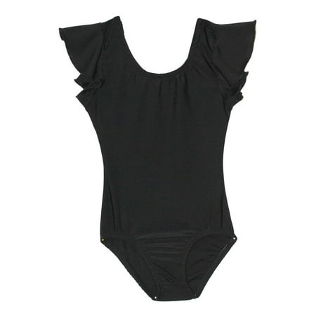 Girls Black Solid Color Flutter Sleeved Dancewear Leotard