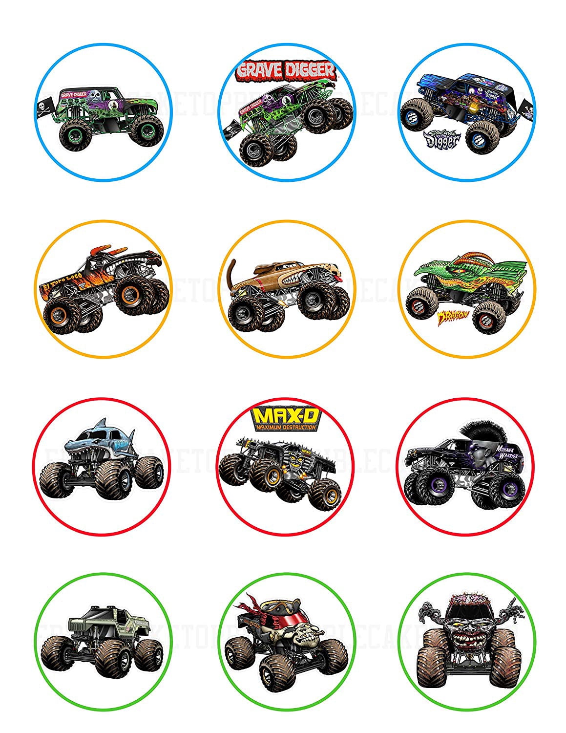 Monster Jam Monster Truck Grave Digger Edible Cupcake Toppers 12