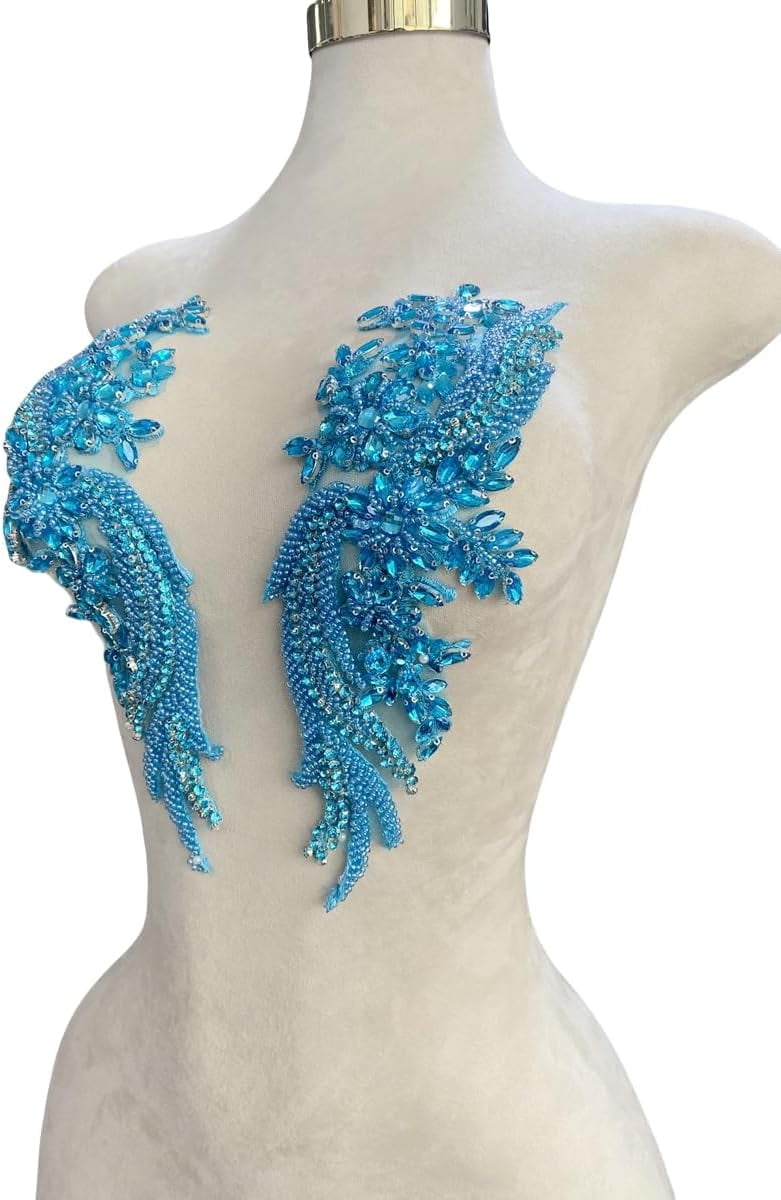 1 par de parches de cristal hechos a mano con cuentas corpiño encaje DIY apliques parches accesorio para ropa de vestir 35X12cm (Sky blue)