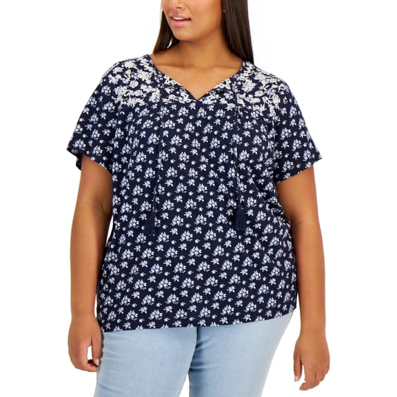 Style & Co Plus Size Tie Neck Top Ditsy Blue 2X
