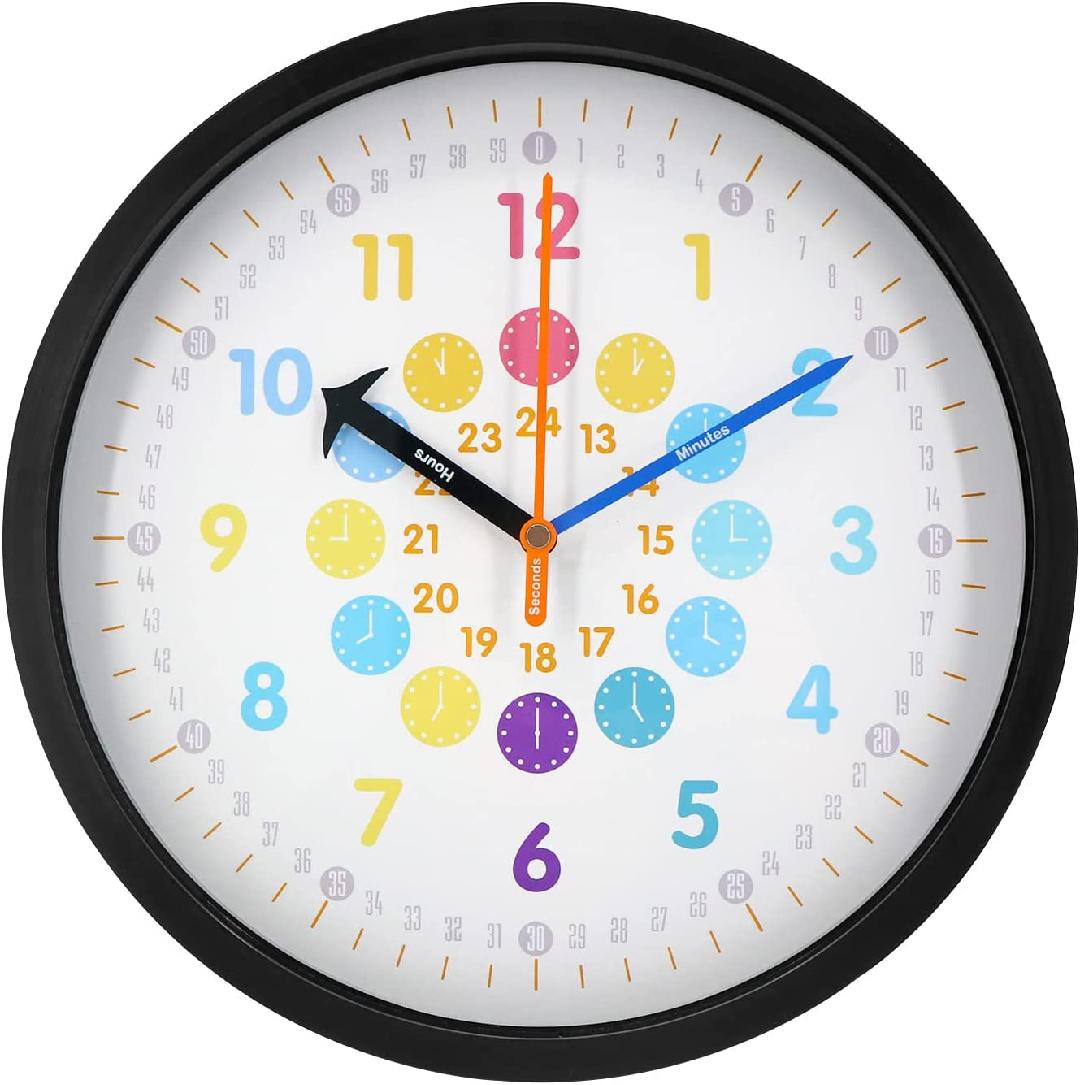 Colorful Kids Wall Clock，12inch Silent NonTicking Wall Clocks Battery