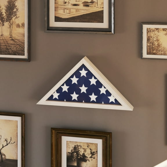 Merrick Lane Whitewashed Solid Wood Military Memorial Flag Display Case for 9.5' x 5' American Veteran Flag