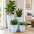 thumbnail image 4 of FIASON 4 Pack 24/21/12/10 Inch Tall Planters, Glossy Light Blue Speckled Faux White Ceramic Pots with Dual-Use Tray, Drainage Holes & Filter Screens, Indoor Outdoor Patio Porch Decor, 4 of 7