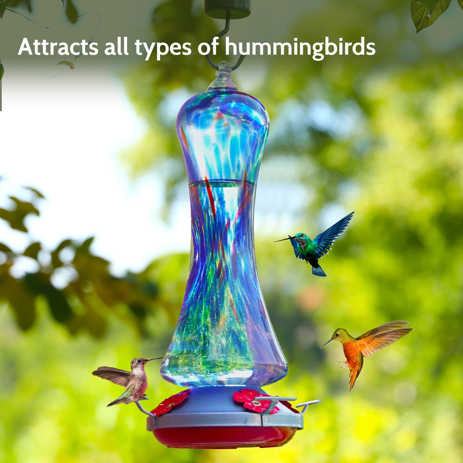 Birdkiss Hand-Blown Glass Hummingbird Feeder 16 oz for Garden Backyard Patio Decor with Ant Moat, Leak Proof & Rustproof, 5 Feeding Ports & 5 Perches