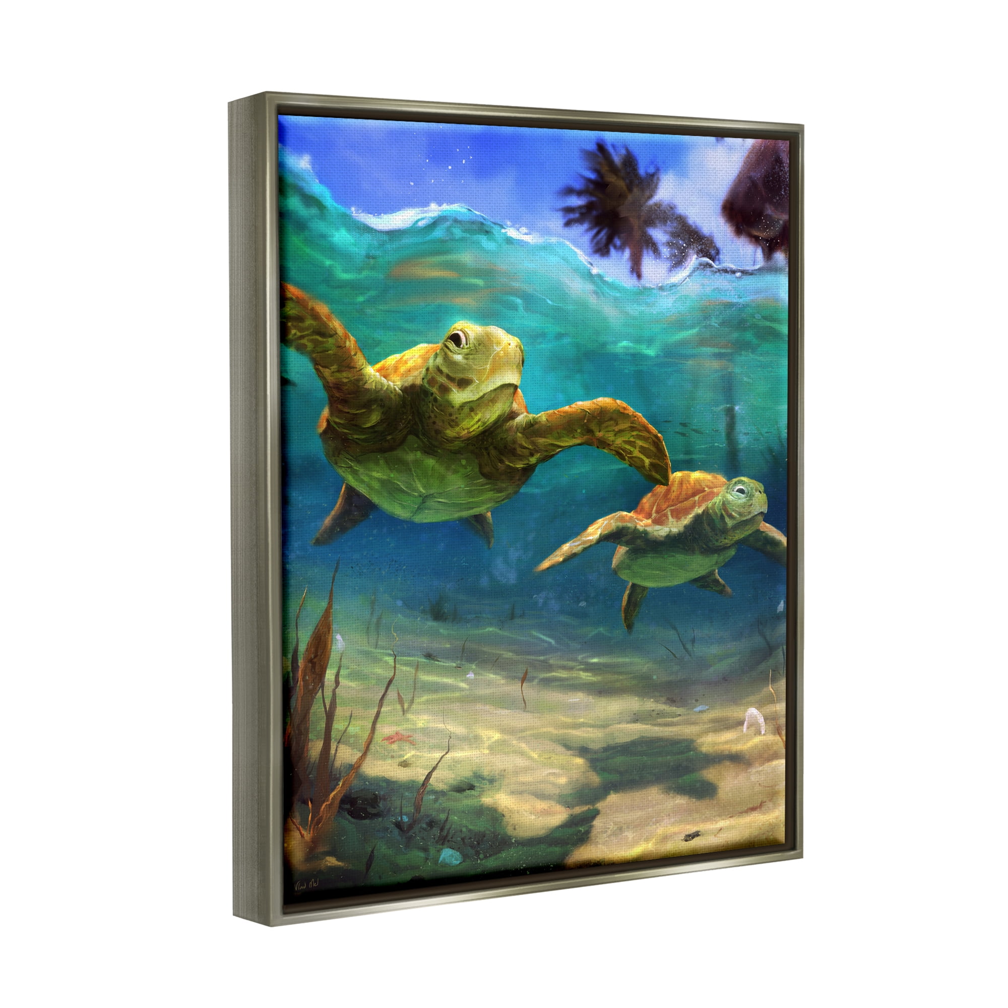 Stupell Industries Tropical Underwater Turtles Animals & Insects Painting Gray Floater Framed Canvas Art Print Wall Art, 25 x 31