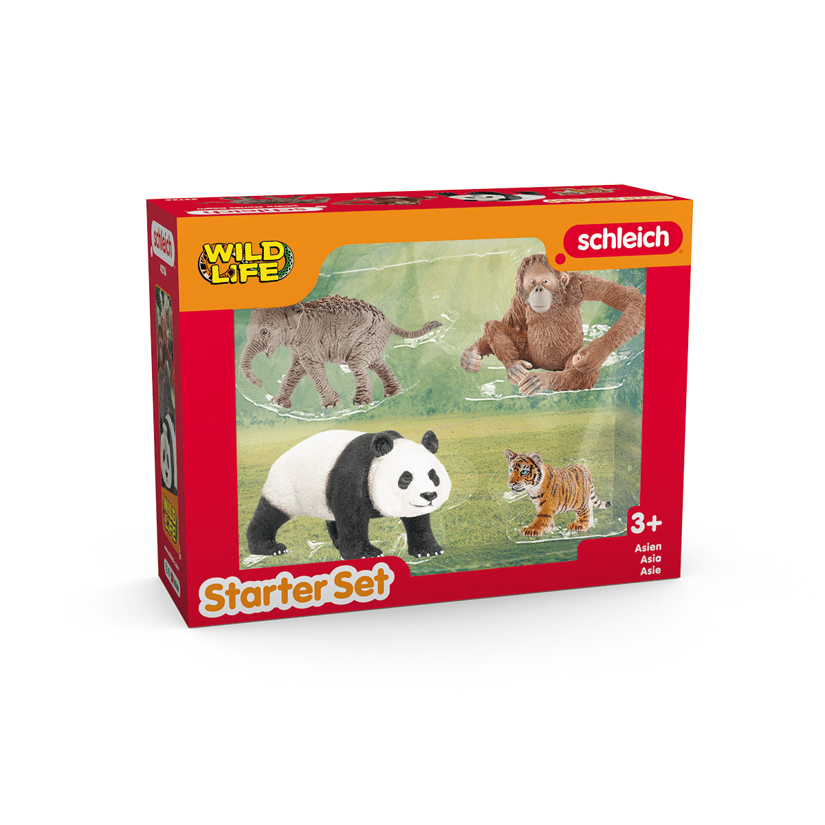 Schleich Wild Life - 4PC Asia Starter Set - Miniature Wildlife Animal Set With Elephant Calf, Giant Panda, Orangutan, & Tiger Cub - Kids 3+