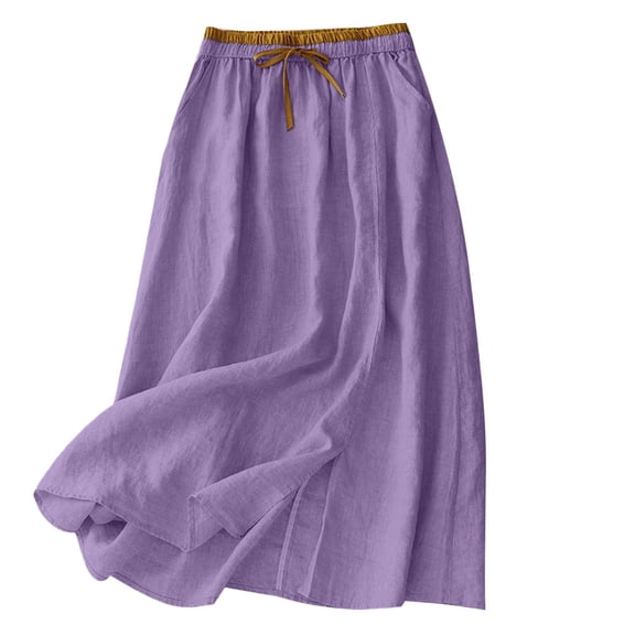 Jerdar Women's Cotton Linen Summer Skirt Colorblock Elastic Waist Flowy Midi Skirt with Drawstring Pockets for Daily Wear L