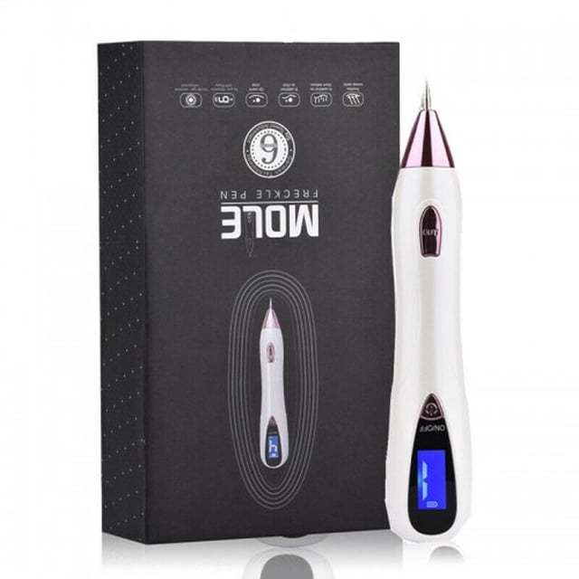plasmapen electrocauterizacion fibroblast 9 niveles eliminacion de verrugas pluma médica blanca con punta metálica afilada y detalle rosado, pantalla LED azul en la base que indica nivel, interruptor ON/OFF y botón lateral; vista frontal junto a caja negra con marca MOLE y gráfico del equipo.