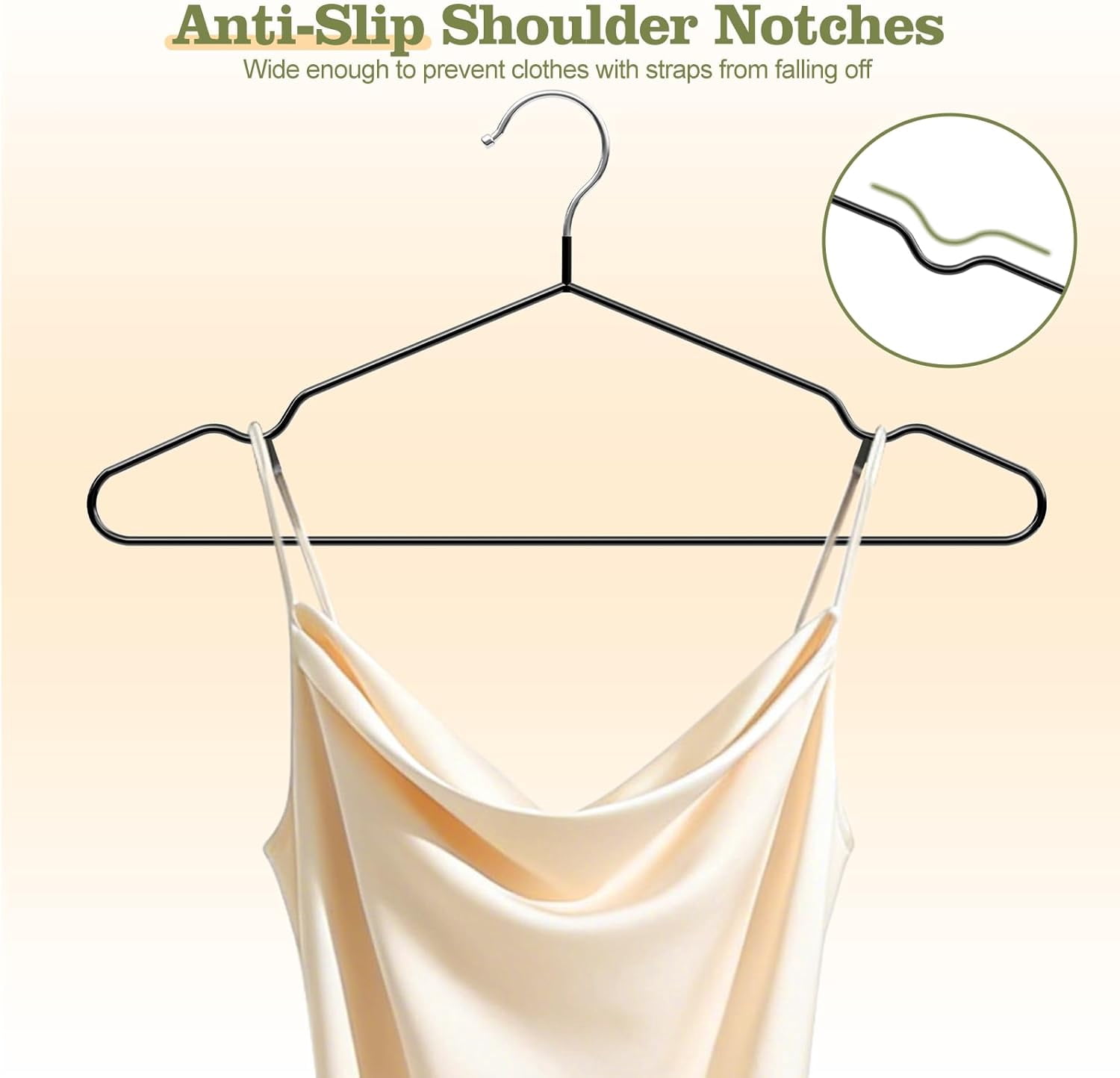 UEAKPIC Rubber Coated Metal Suit Hangers 50 Pack, Space Saving Ultra Thin Design for Strap Dress, Camisole, Pants, Coats, Black