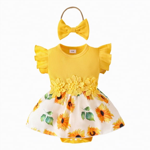 HCNTES Toddler Baby Girls Daily Loungewear Wear Breathable Short Sleeve Romper Matching Elastic Bottoms Children Kids Girls Summer 2PCS Outfits Set(Yellow,6-9 Years)