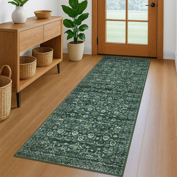 Suelur Runner Rugs for Hallway 2x6 Washable Kitchen Runner Rug Non-Slip Carpet Runners Printed Super Soft Vintage Floral Floor Runenrs for Entryway Bedroom Laundry Room Indoor, Dark Green