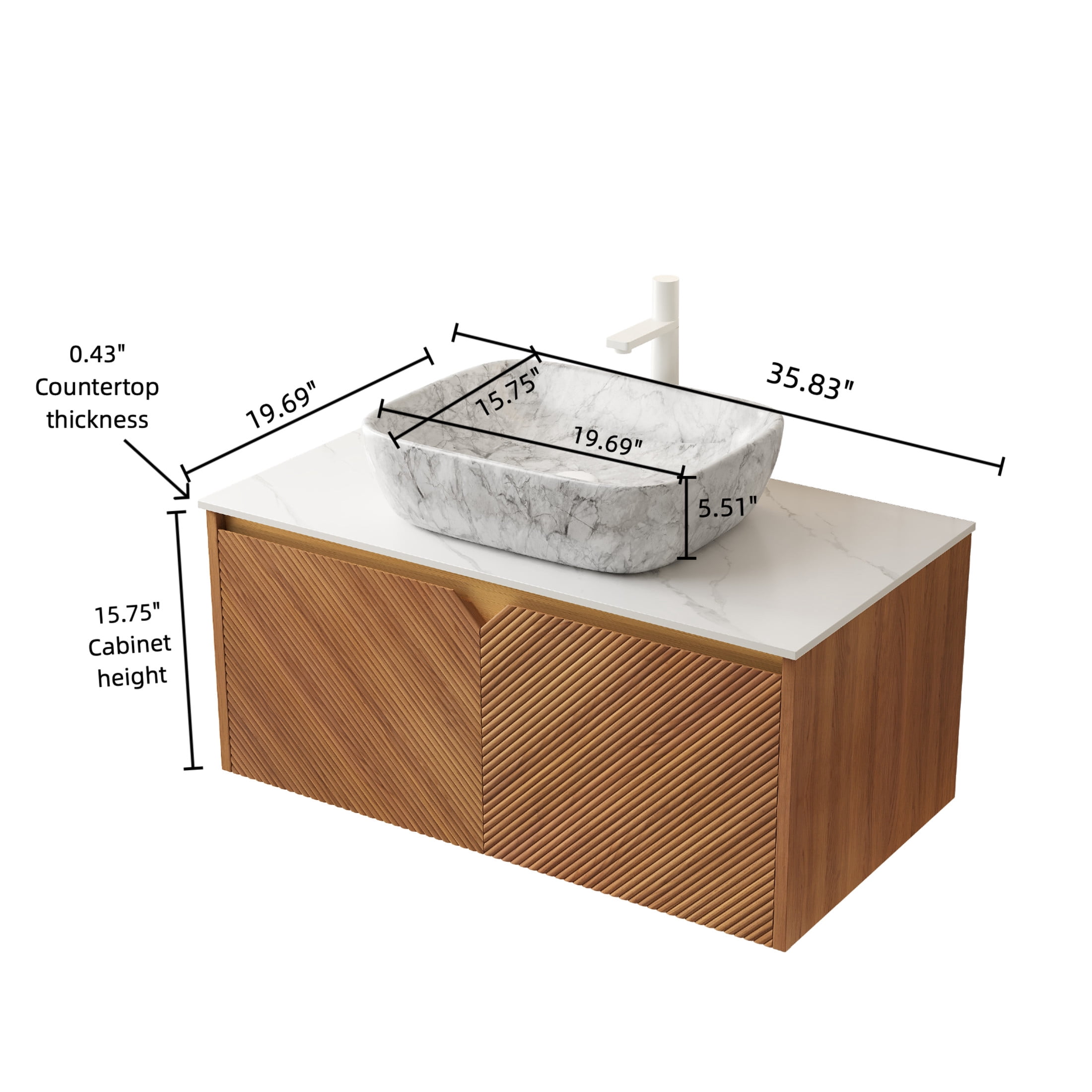 Noble House RUBEN 36" Floating Bathroom Vanity, Sintered Stone Top Cabinet with Gray Stone Ceramic Vessel Sink, Oak