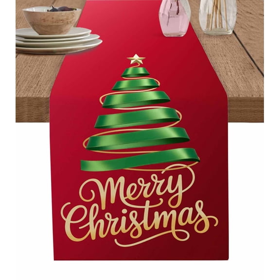 Red Green Christmas Table Runner 36 Inches, Xmas Tree Modern Art Bed Runner Dresser Scarves Tabletop for Indoor Outdoor Parties/Ceremony/Banquet, 13"x 36"