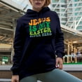 thumbnail image 2 of Jesus Is My Easter Super Hero, Resurrection Sunday Quote, Groovy Retro Wavy Text Merch Gift, Navy Blue Hooded Sweatshirt or Hoodie, Small, 2 of 5
