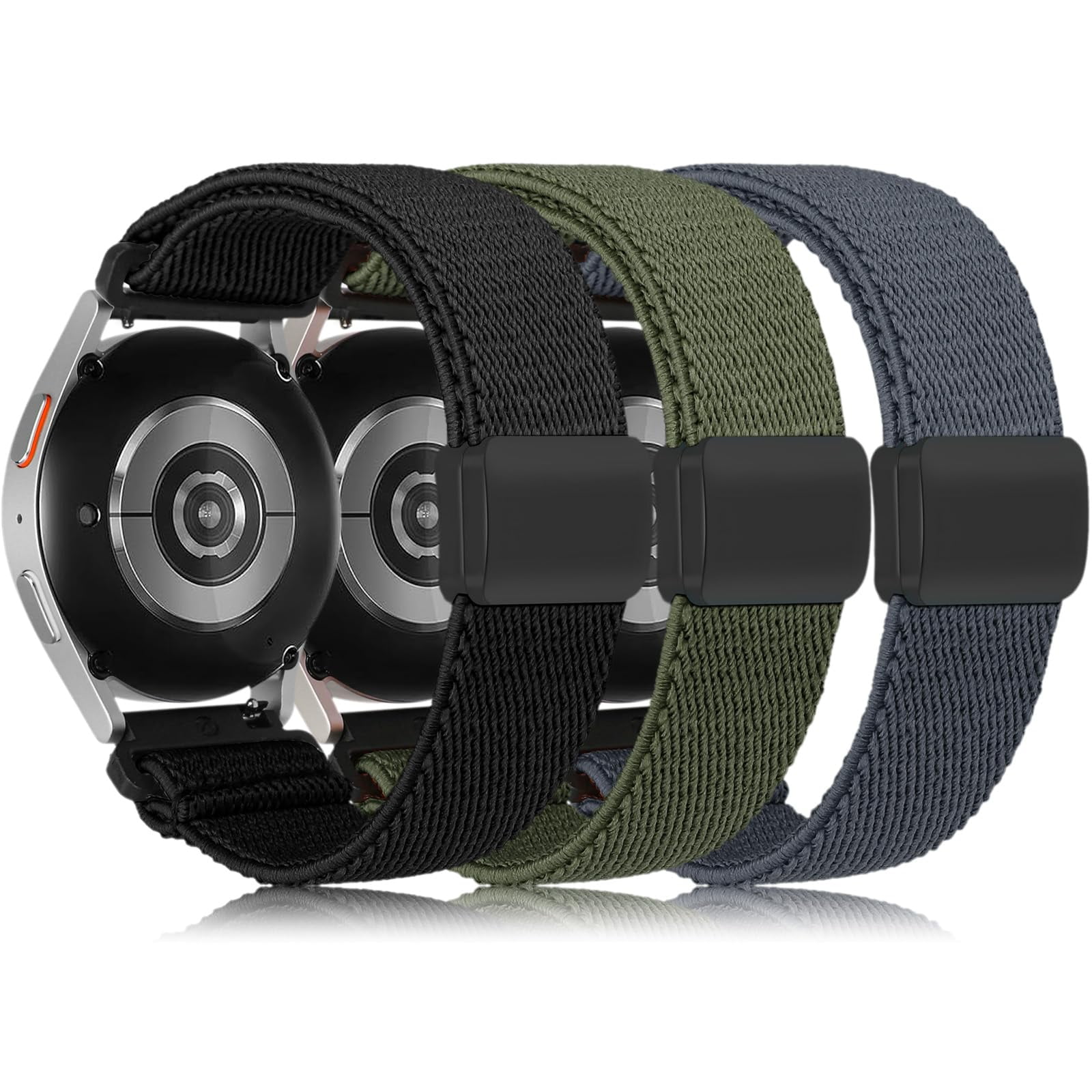 Wearlizer 3 Pack Magnetic Stretchy Bands Compatible with Samsung Galaxy Watch 7/6/5/4/FE/Active 2 40mm 44mm, 20mm Elastic Nylon Braided Sport Loop Strap with Magnetic Clasp for Watch 6 Classic/5 Pro