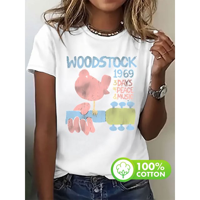 Woodstock 1969 Peace & Music Graphic Tee - Women's Soft Short Sleeve T-Shirt, Festival-Inspired Design with Guitar & Bird Illustration, Casual Spring/Summer/Fall Wear, Rock And Roll T Shirts