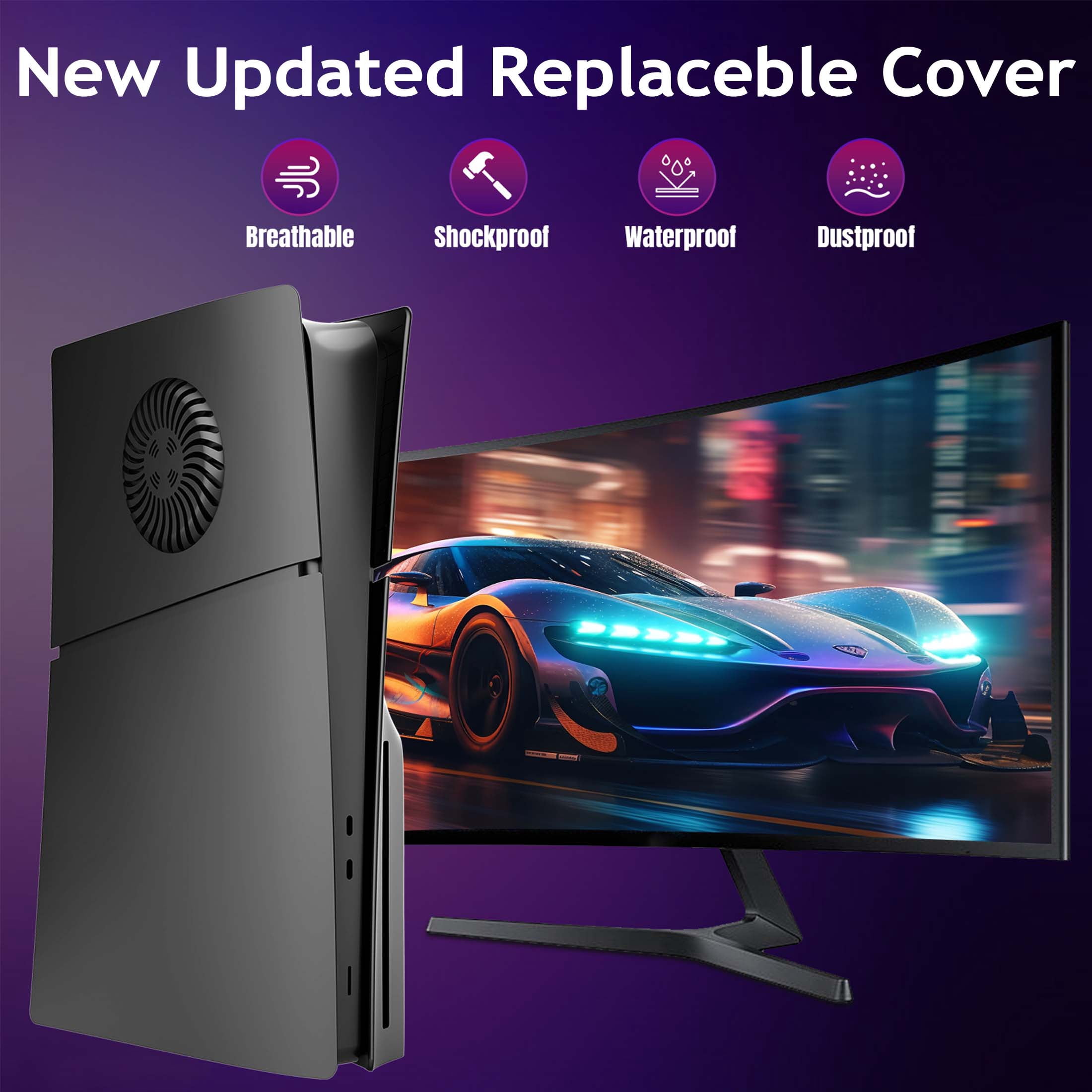 Faceplates for PS5 Slim Disc Edition Plate Cover Console with Cooling Vents & Dust Filter, Black
