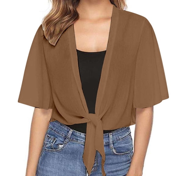 UJNDER Summer Womens Casual Short Sleeve Thin Chiffon Cardigan Elegant Shoulder Jacket Lightweight Cardigan for Women Brown S