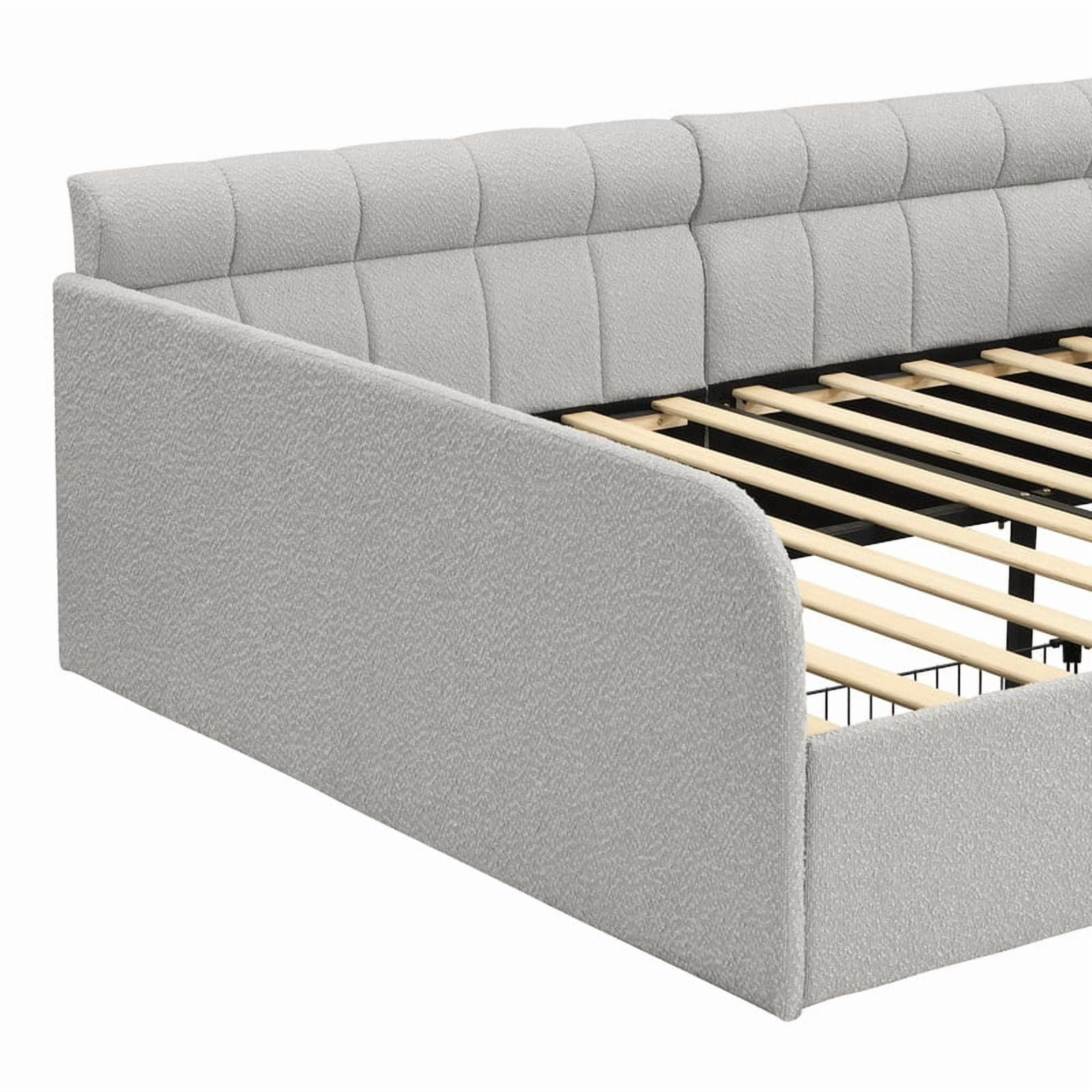Full Size Boucle Daybed with Metal Drawer on Wheels, Storage Platform Bed Frame with Guardrails, Upholstered Low Profile Bed
