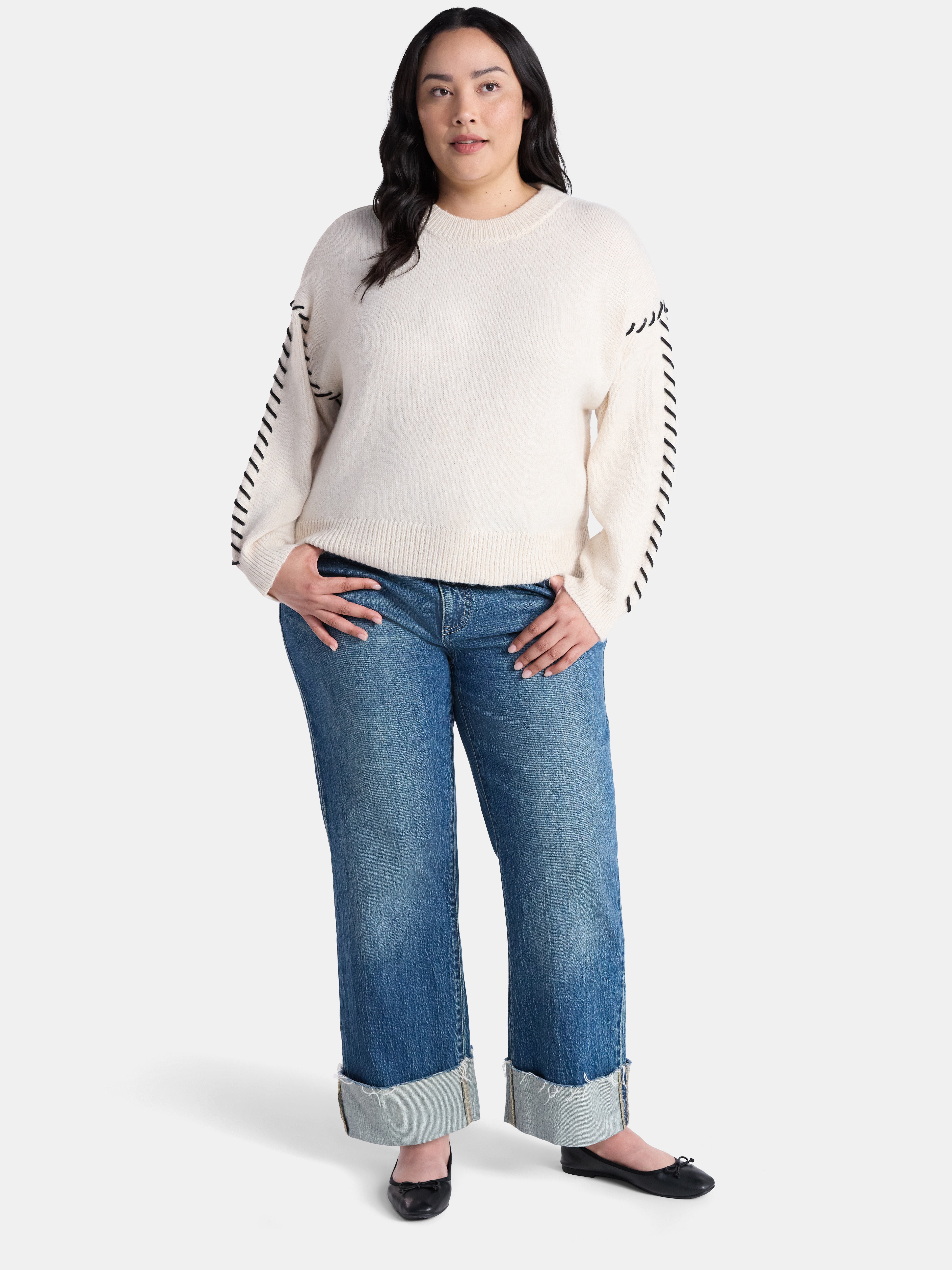 Terra & Sky Women's Plus Cropped Whipstitch Trim Sweater, Lightweight, Sizes 0X-5X