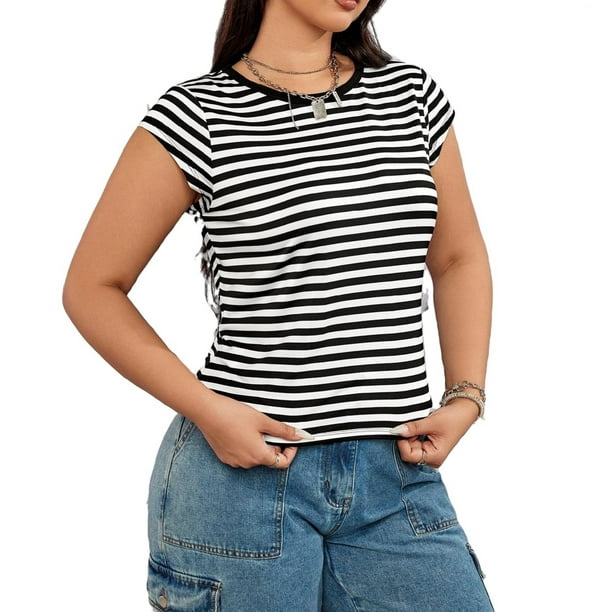 Women's Casual Striped Round Neck Black and White Plus Size T-shirts ...