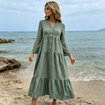 thumbnail image 4 of CIENVNSTG Summer Dresses for Women 2026 Vacation Long Sleeve Maxi Dress V Neck Button Down Flowy Tiered Ruffle Shirt Dress Summer Casual Long Dresses Green L, 4 of 6
