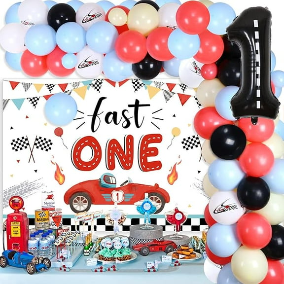 Fast One Birthday Decorations, Vintage Race Car Balloon Garland Kit & Pastel Blue Yellow Fast One Backdrop with Checkered Flag - Number 1 Wheel Balloons for Boy’s 1st Birthday Supplies