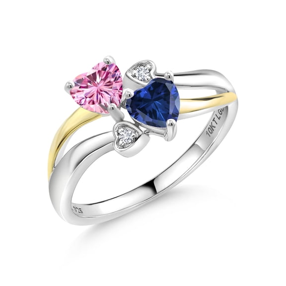 Gem Stone King 925 Silver and 10K Yellow Gold Pink Moissanite and Blue Created Sapphire and White Lab Grown Diamond Ring for Women (1.02 Cttw, Gemstone, Heart Shape 5MM, Size 7)